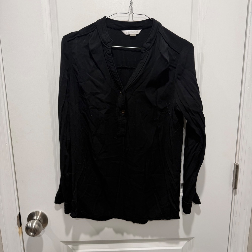 Promod Womens Blouse Long Sleeve Henley Band Collar Black Size 8